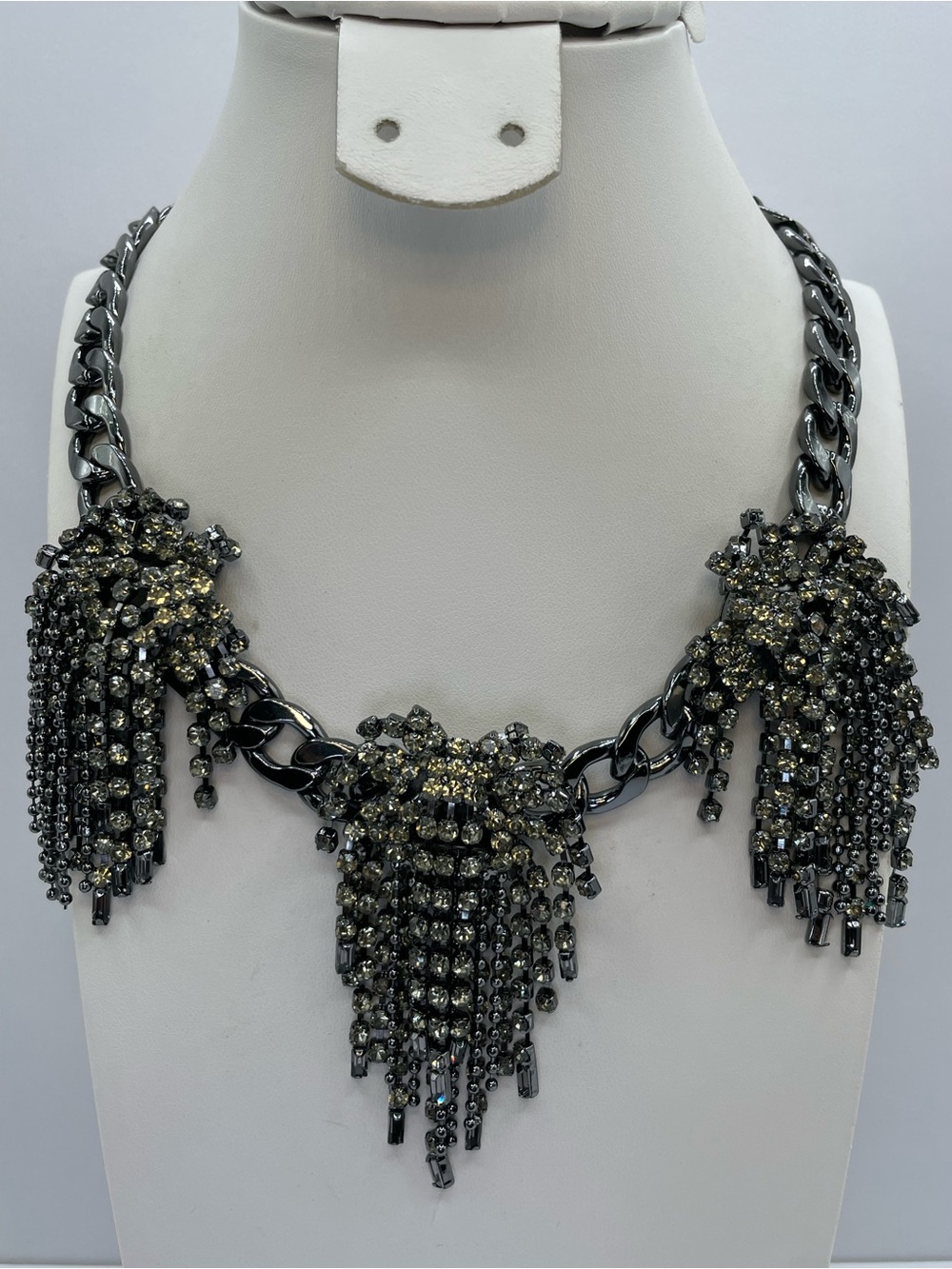 Black Label by Chico’s Gunmetal Crystal Fringe Statement Necklace Glam Gothic